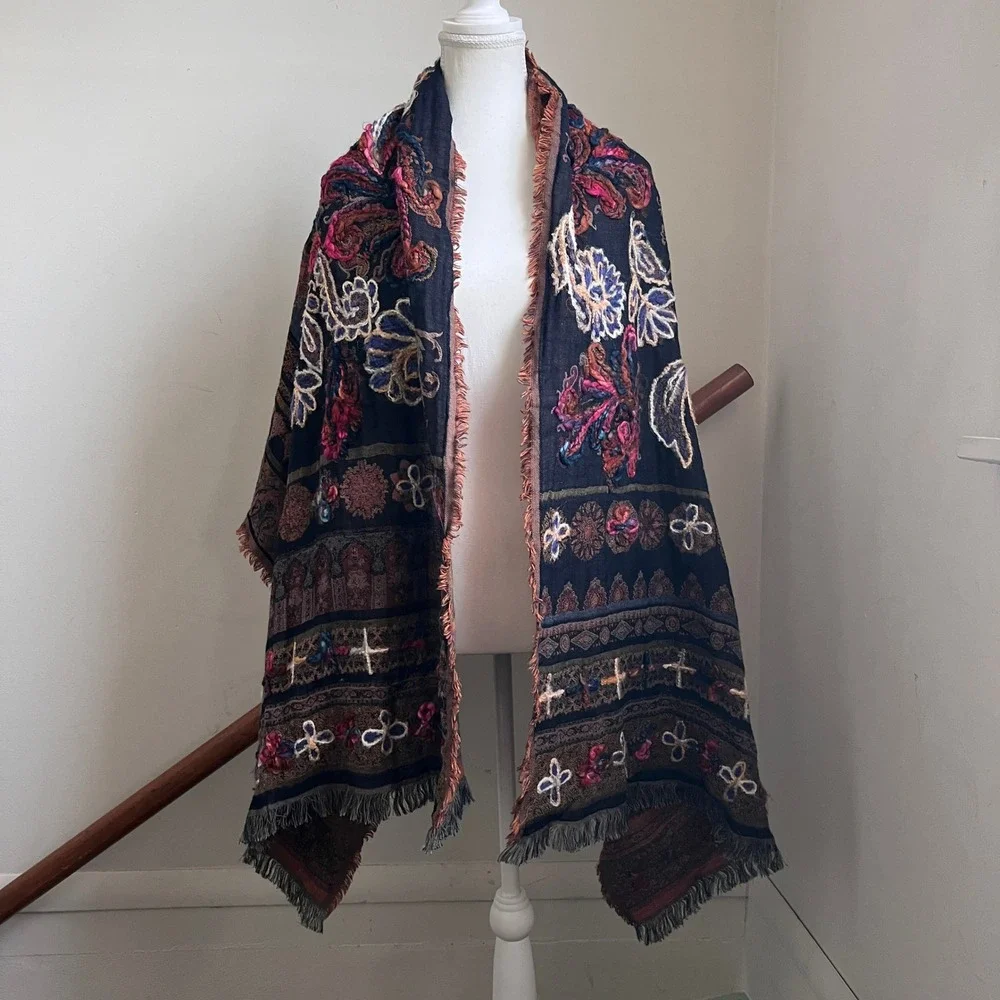 Vintage Boho Floral Tapestry Scarf Shawl Dark Artsy Forest Folk Chunky Wrap
